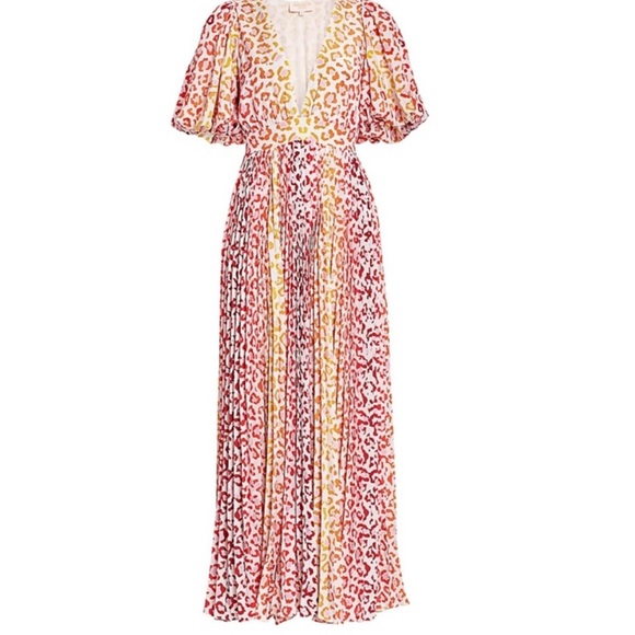 Rococo Sand Women's Orange White Leopard V-Neck Puff-Sleeve Maxi Dress XS - Picture 2 of 7